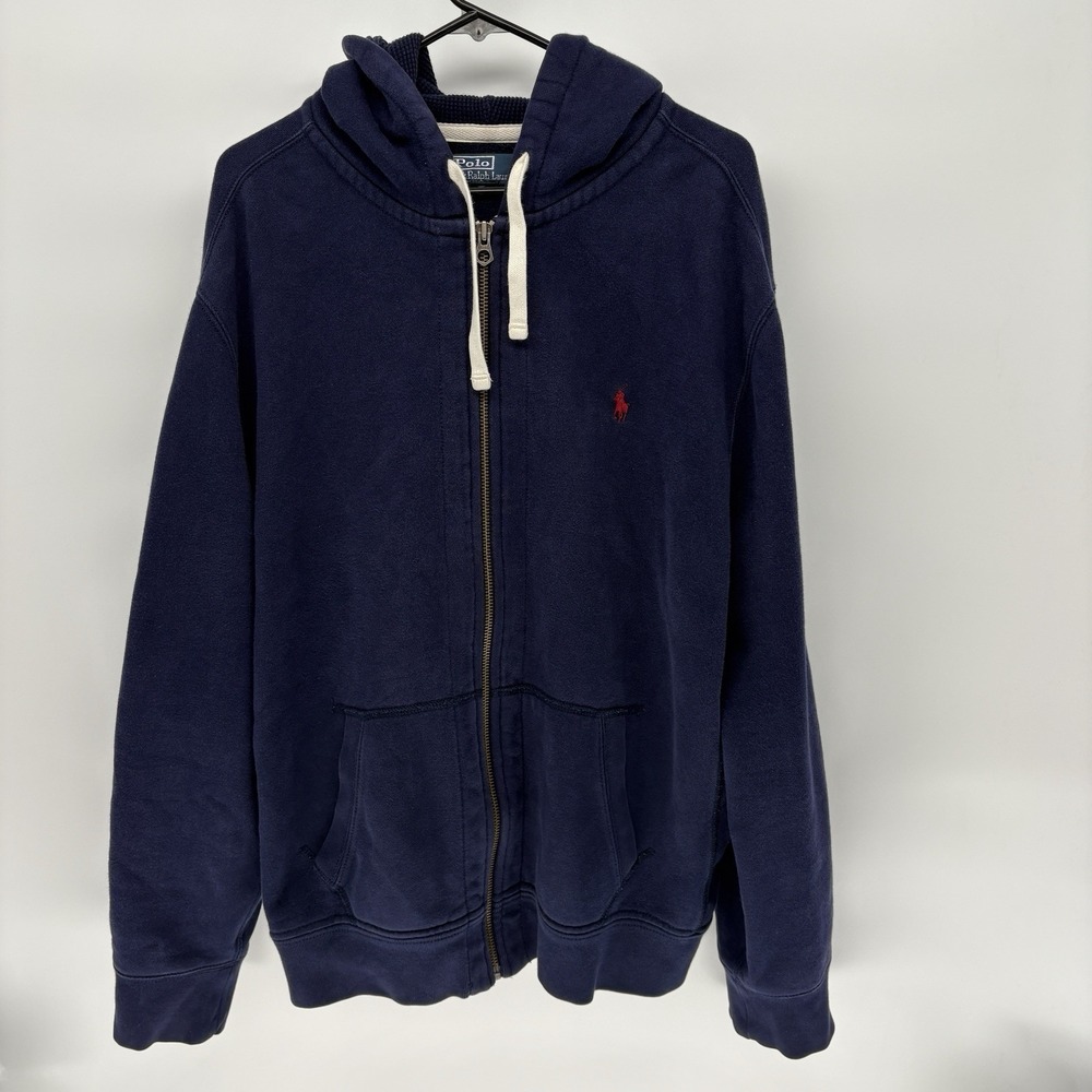Vintage Polo Ralph Lauren Navy Blue‎ Full Zip Hooded Jacket Red Pony Men XXL